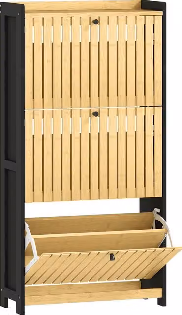 Scarpiera HOMCOM con 3 cassetti ribaltabili e ante a griglia in bambù, Nero e legno naturale, L: 60 cm, P: 24 cm, H: 118 cm