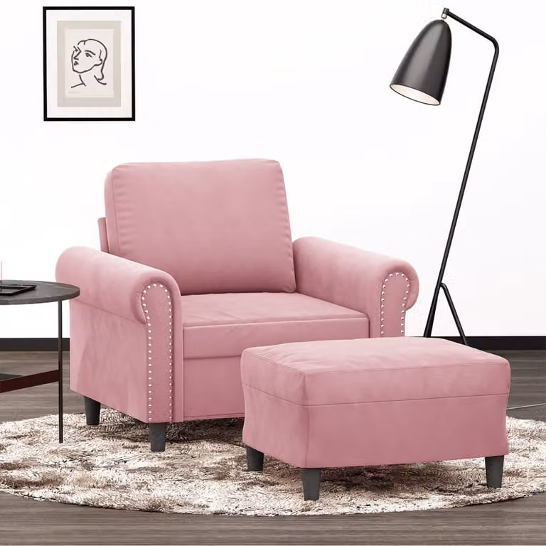 Poltrona con Poggiapiedi vidaXL in Velluto Rosa con Braccioli e Design Moderno