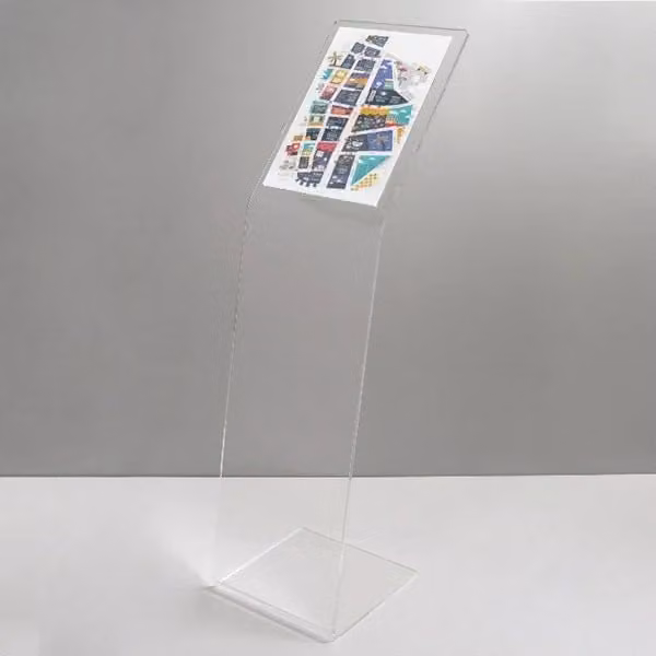 Leggio in plexiglass trasparente con base a L e tasca verticale per fogli A4 di TOP EVENTI STORE