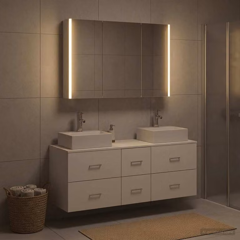 Set di mobili da bagno moderno vidaXL in bianco con armadietto a specchio, mobile lavabo e pensili con illuminazione LED
