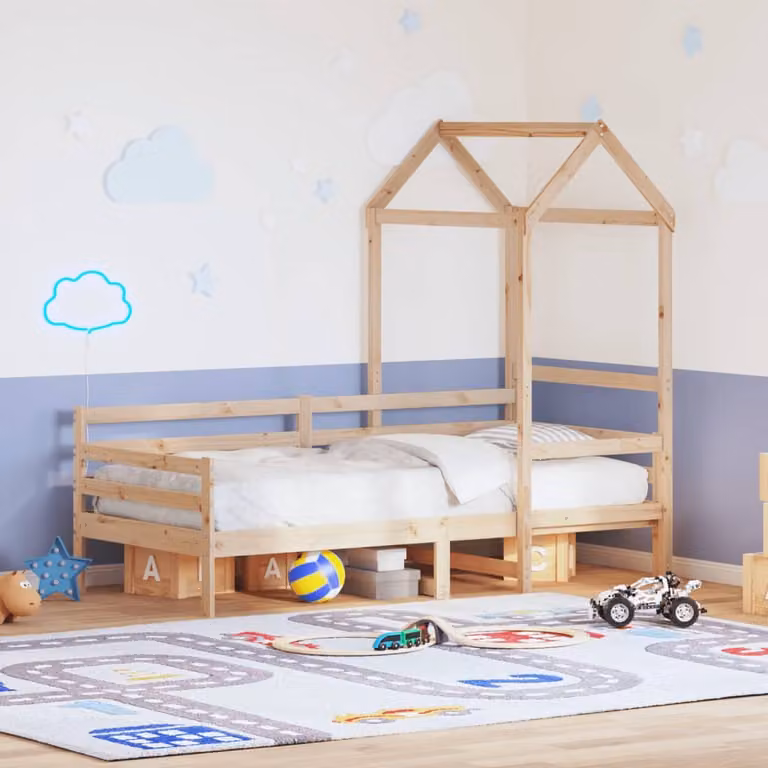 vidaXL Dormeuse per bambini con tetto in legno massello di pino marrone L: 200 cm, P: 80 cm, H: 103,5 cm
