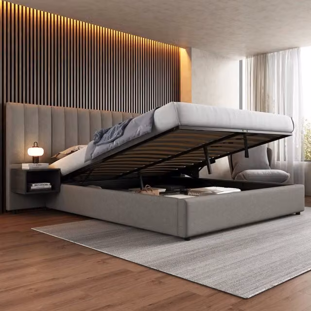 Letto Contenitore REDOM con 2 Comodini, Rivestimento in Tessuto a Righe Grigio e Nero, L/P: 180 x 200 cm