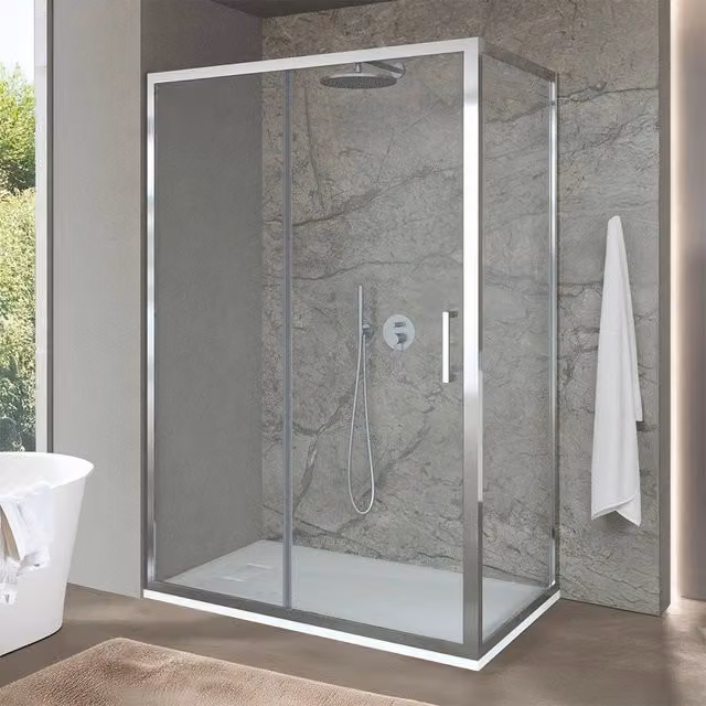 Box doccia angolare INBAGNO con porta scorrevole in vetro trasparente, L: 150 cm, P: 70 cm, H: 200 cm