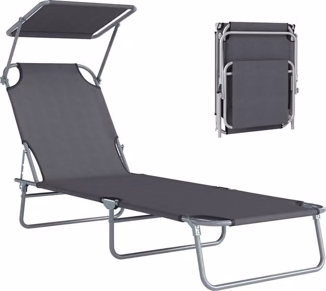 Sdraio Pieghevole Outsunny con Tettuccio e Schienale Regolabile, Lettino Prendisole in Tessuto Grigio, L: 187 cm, P: 58 cm, H: 36 cm