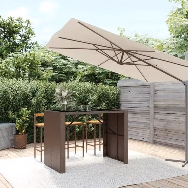 Tavolo da bar moderno vidaXL in polyrattan con piano in vetro, marrone e nero, L: 145 cm, P: 80 cm, H: 110 cm