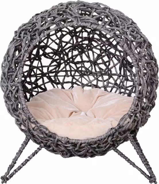 PawHut Cestino per gatto a forma di grotta in resina effetto rattan grigio con cuscino morbido, Ø 52 x H 58 cm
