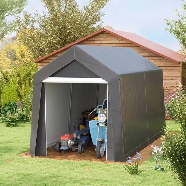 Carport REDOM con tenda e finestra in acciaio galvanizzato grigio, L: 360 cm, P: 210 cm, H: 235 cm