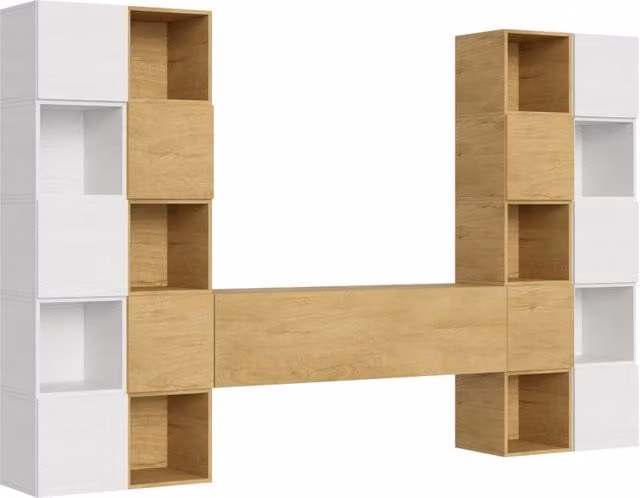 Composizione parete soggiorno moderna Itamoby A109 bianca con pensili e mensole L: 314 cm, H: 200 cm, P: 39,2 cm