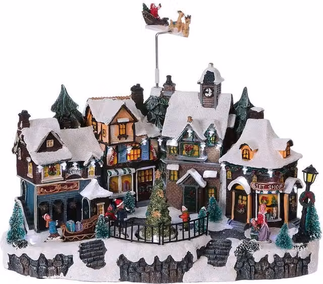 Villaggio di Natale Animato Helsinki Saint Joy con Luci LED e Musica, Decorazione Invernale Multicolore, L 32,5 cm x P 22,5 cm x H 21,5 cm