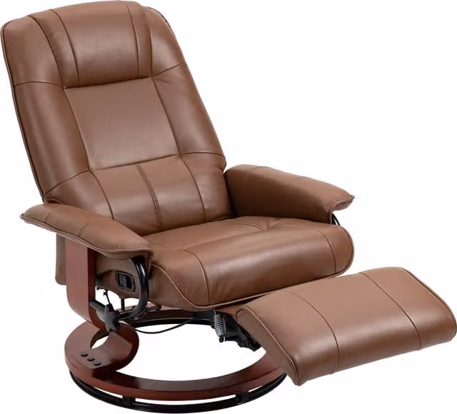 Poltrona relax reclinabile HOMCOM con poggiapiedi regolabile, girevole 360° e base in legno, rivestimento in ecopelle marrone