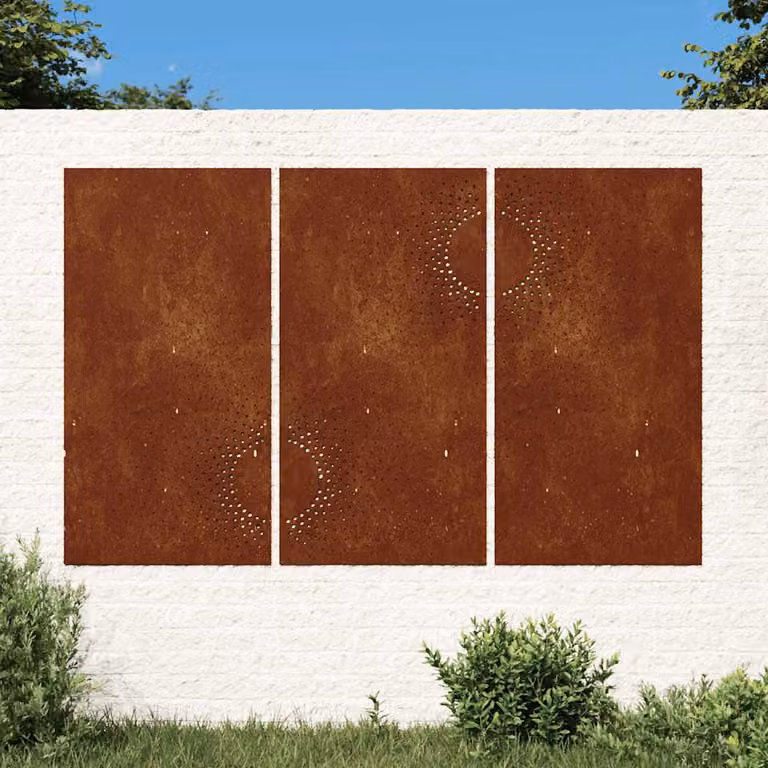 Set di 3 decorazioni da muro per giardino vidaXL con motivo sole in acciaio corten color marrone, L: 105 cm, H: 55 cm