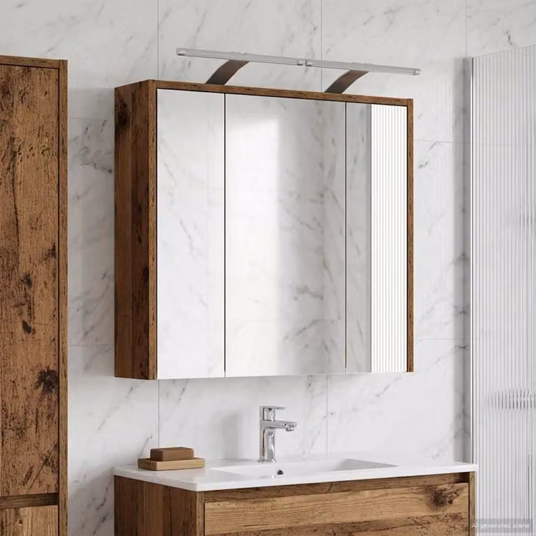 Mobiletto per specchio da bagno vidaXL in legno vecchio marrone con illuminazione LED e specchio integrato, L/P/H: 63,5 x 13,12 x 62,5 cm