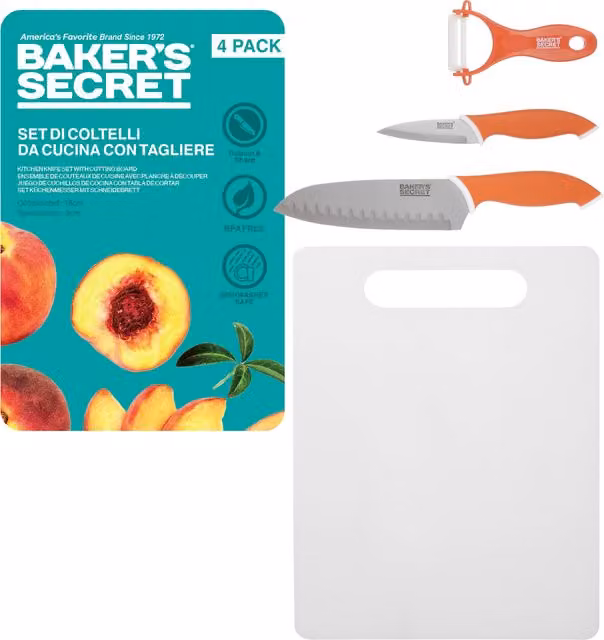 Set da cucina Baker's Secret con tagliere in plastica arancione, 2 coltelli in acciaio inox (incluso coltello Santoku) e pelapatata