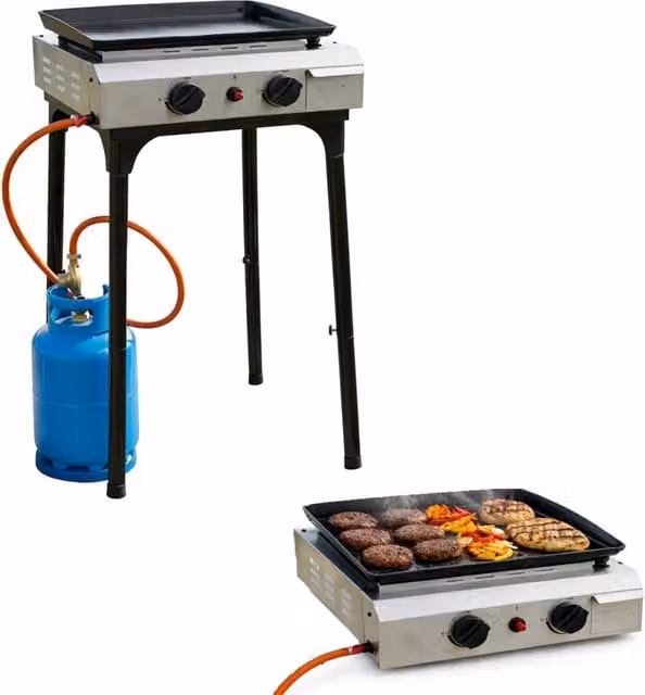 Barbecue a Gas SOLEILUX con 2 Bruciatori da 2.4kW e Plancha Smaltata, Colore Argento, Portatile da Appoggio o con Piedistallo, Accensione Piezo e Vassoio Raccogli Grasso