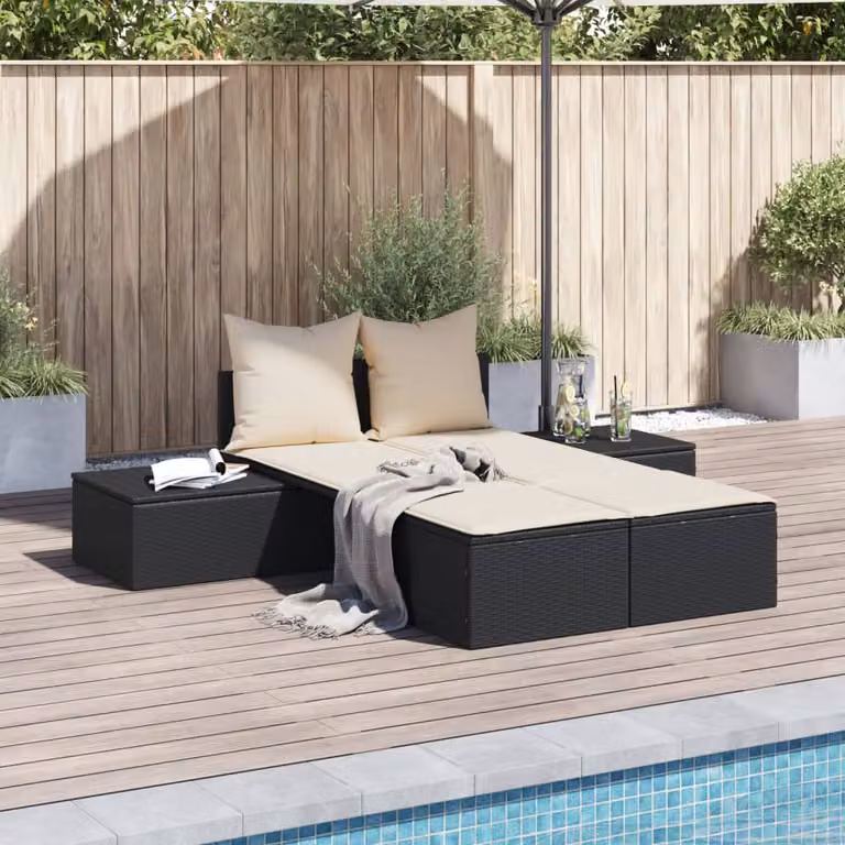 vidaXL Lettino Prendisole Doppio in Polyrattan Nero con Cuscini Resistenti alle Intemperie