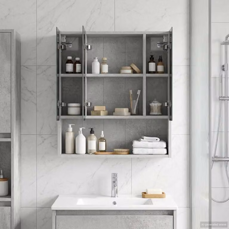 vidaXL Mobiletto per specchio da bagno moderno in MDF Grigio cemento con ante in vetro, L: 60,0 cm, H: 70,0 cm, P: 14,5 cm