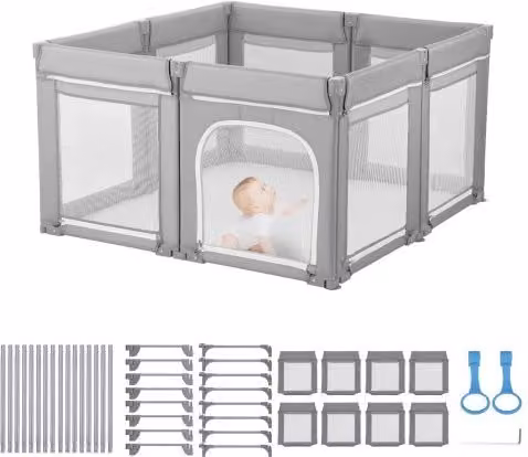 Recinto per bambini VEVOR pieghevole in metallo e tessuto grigio con porta a cerniera, L 120 cm x P 120 cm x H 69,5 cm