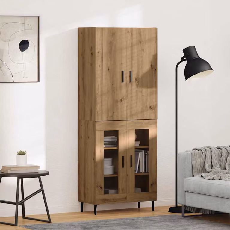 Set di 2 credenze vidaXL in legno rovere e vetro, colore marrone, L: 69,5 cm, P: 34 cm, H: 180 cm