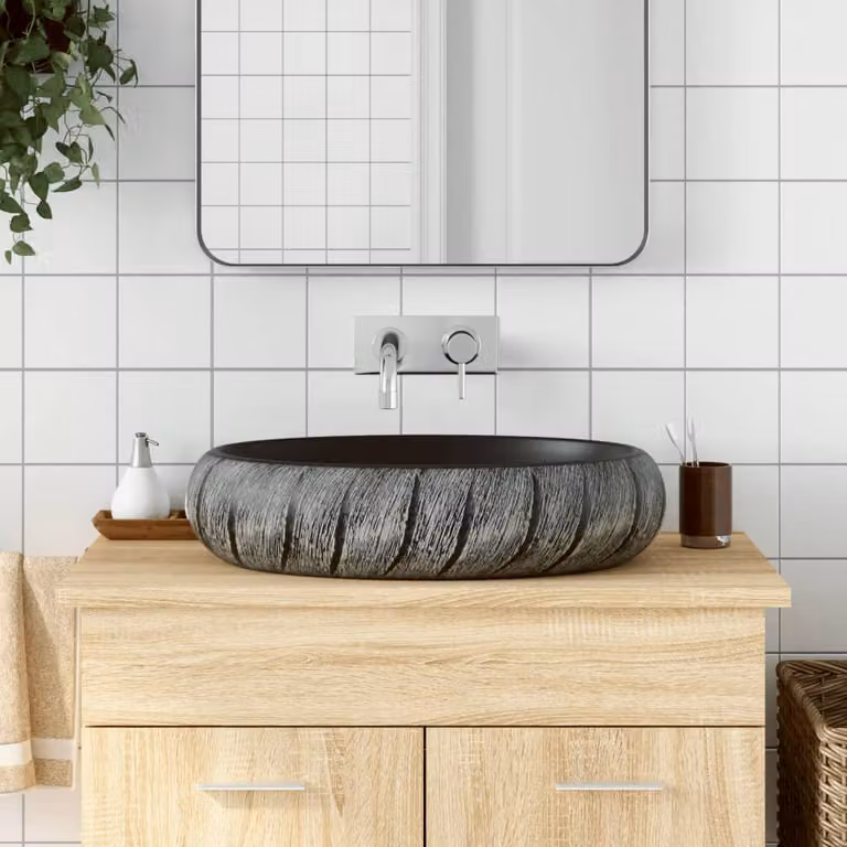 Lavabo da appoggio ovale vidaXL in ceramica nero e grigio L: 59 cm, P: 40 cm, H: 15 cm