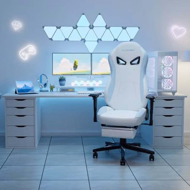 Sedia da gaming ergonomica OKWISH con poggiapiedi, poggiatesta e braccioli in ecopelle bianca e blu