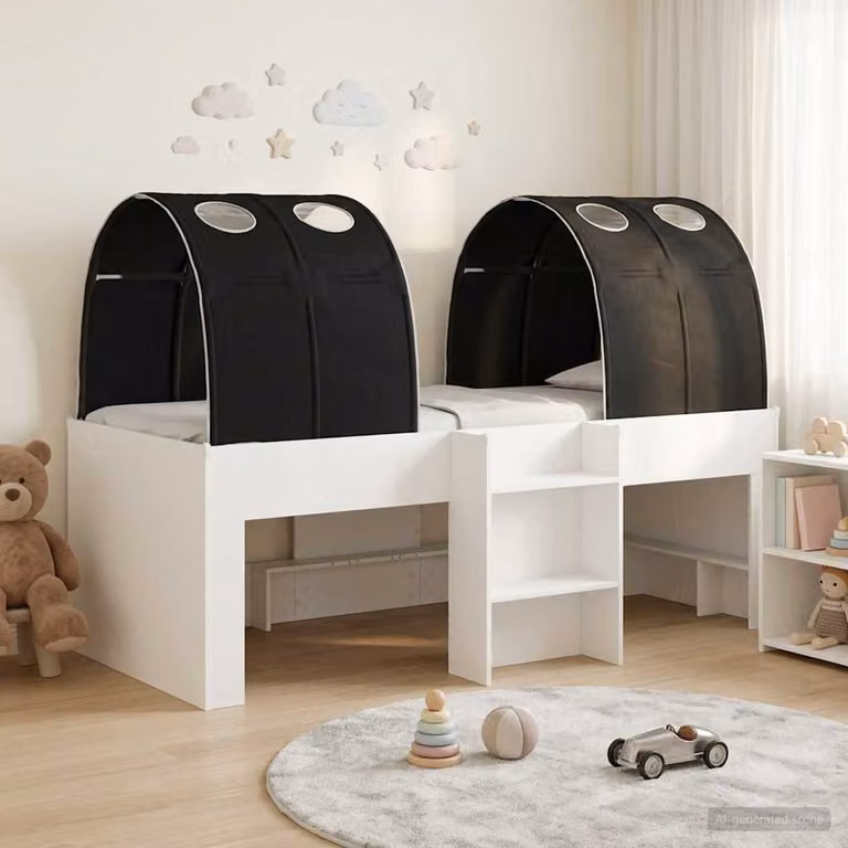 Letto per bambini con tunnel vidaXL in legno ingegnerizzato, 3 pezzi, Bianco, Nero e Multicolore, L: 203 cm, P: 120 cm, H: 101 cm, H: 68,5 cm