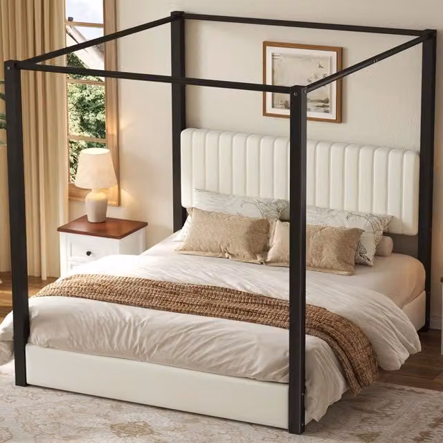 Letto a Baldacchino Moderno REDOM in Velluto Beige e Nero L/P/H: 198 x 180 x 206 cm