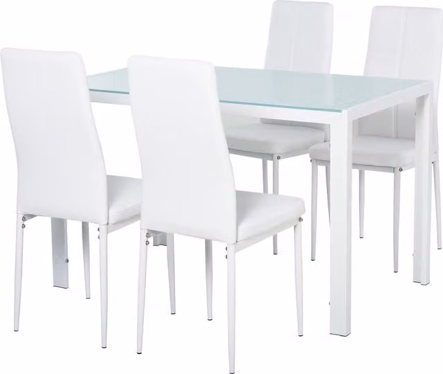 Set da pranzo HOMCOM composto da 1 tavolo rettangolare in vetro temperato e 4 sedie imbottite in finta pelle, design moderno in metallo e vetro, colore bianco