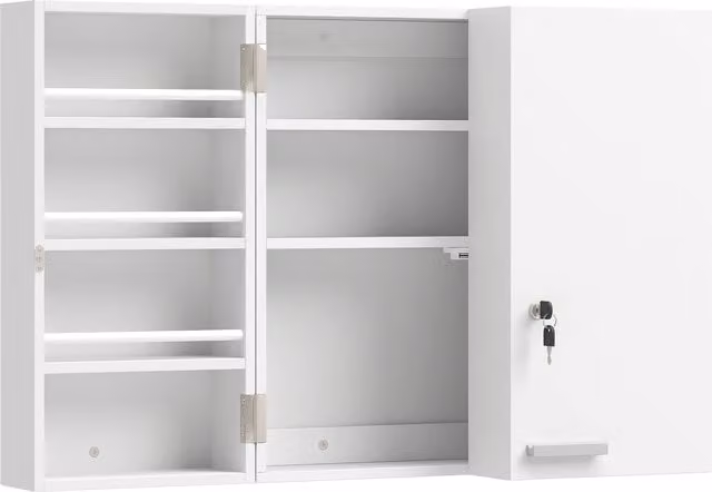 Armadietto Medicinali HOMCOM Bianco con 3 Mensole Interne e 8 Portabottiglie in Legno e Metallo L 53 cm x P 20 cm x H 53 cm