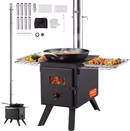 Stufa a legna portatile VEVOR in acciaio nero per tenda da campeggio con 8 tubi per riscaldamento e cucina all'aperto