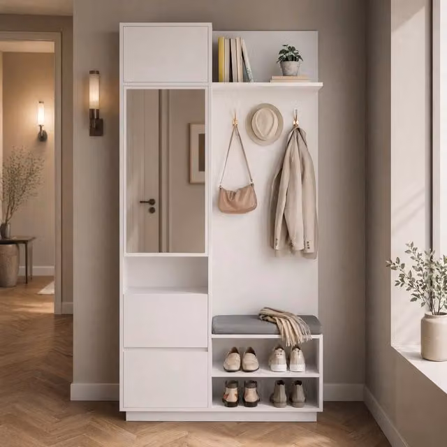 Set mobili da ingresso moderno in MDF bianco con armadio a specchio, panca, porta scarpe, cassetti e ganci H: 190 cm, L: 90 cm, P: 45,8 cm