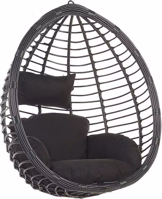 Sedia sospesa a uovo BELIANI in rattan e metallo nero con cuscini in poliestere resistente ai raggi UV per interni ed esterni in stile Boho, H 116 x L 74 x P 100 cm
