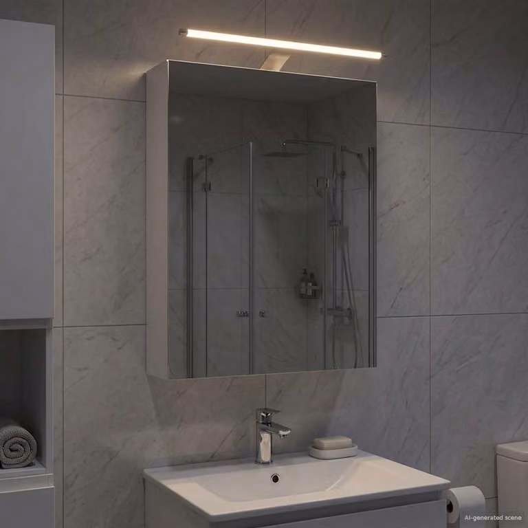 Mobiletto per specchio da bagno vidaXL Bianco con illuminazione LED e ante in vetro, L 50 cm x P 14,5 cm x H 70 cm