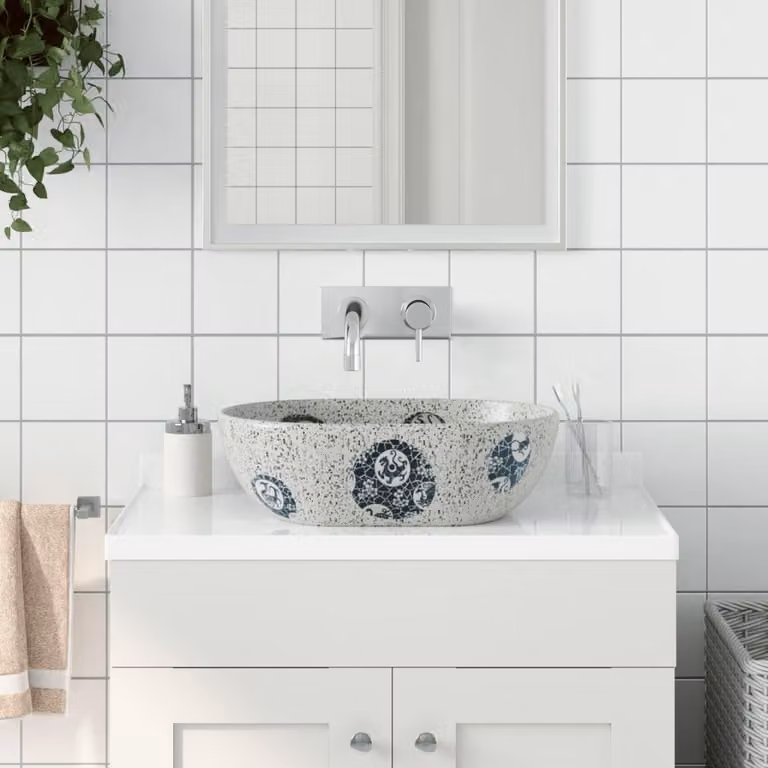 Lavabo da appoggio ovale in ceramica vidaXL, Grigio e Blu, L 47 cm x P 33 cm x H 13 cm