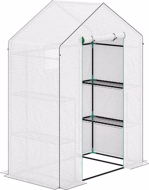 Serra Outsunny a 3 Livelli con 1 Porta e 2 Finestre, Ripiani a U per Coltivazione di Piante, Bianco, L 140 cm x P 73 cm x H 190 cm