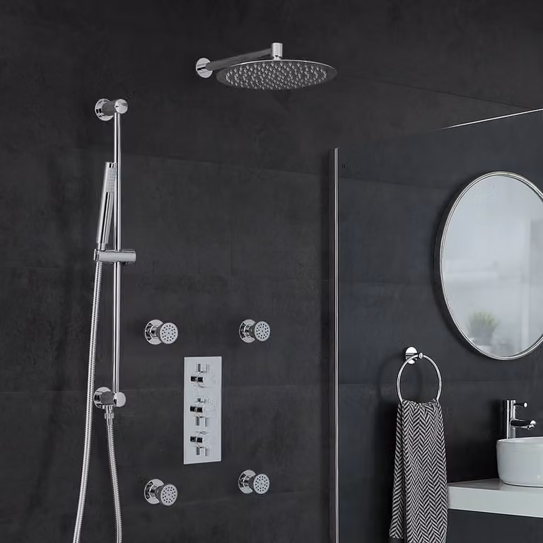 Colonna Doccia Termostatica Mirage con Miscelatore, Soffione Rain 300mm, Asta Saliscendi, Doccetta e Idrogetti Massaggio, Colore Argento/Cromo
