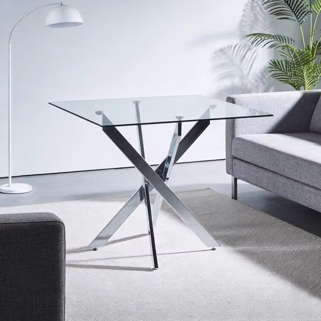 Tavolo da pranzo moderno Zephmum con piano in vetro trasparente e gambe a X in metallo argento L/P/H: 80 x 80 x 75 cm