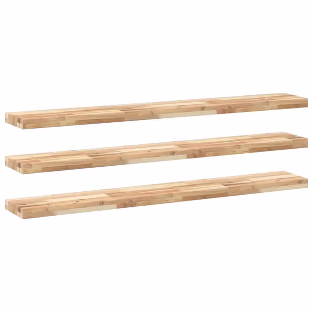 Set di 3 mensole da parete in legno di acacia non trattato, colore marrone, L: 160 cm, P: 20 cm, H: 4 cm