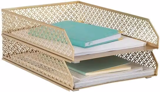 Organizzatore da scrivania in acciaio blu e oro con set di 2 cassetti impilabili in metallo