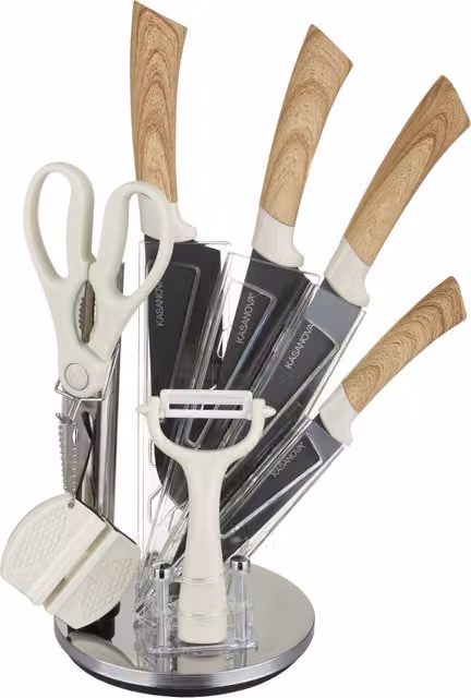 Set da cucina KASANOVA con ceppo effetto legno marrone, 4 coltelli in acciaio inox e ceramica, pelaverdure, forbici e affilacoltelli, lavabile in lavastoviglie