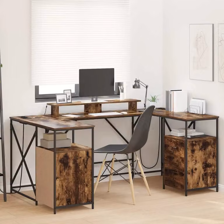 Scrivania da ufficio moderna vidaXL in legno e metallo color rovere fumé, L: 182 cm, P: 101 cm, H: 87,5 cm