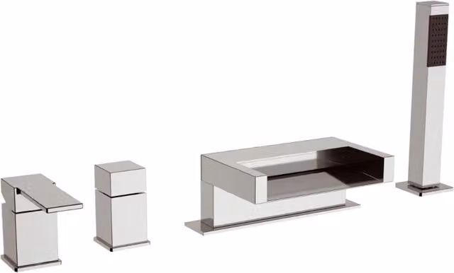 Rubinetto per bordo vasca Remer serie Qubika cascata con deviatore, due maniglie e beccuccio orientabile, finitura cromata argento