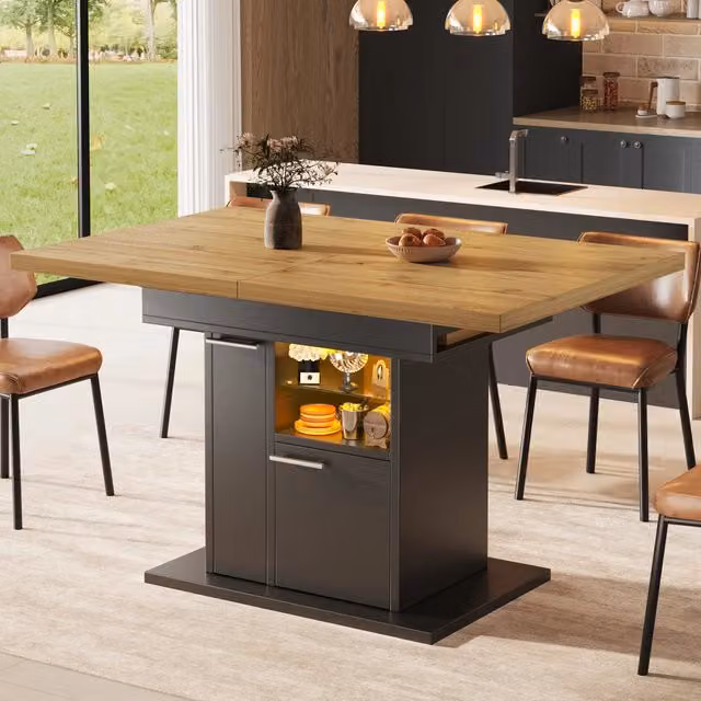 Tavolo da pranzo allungabile FOLYNA con ripiano in vetro, vano contenitore e LED multicolore, nero e marrone, L: 110-140 cm, P: 80 cm, H: 77.2 cm