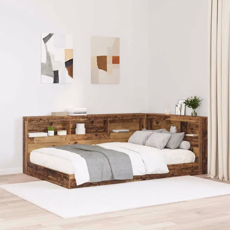 Testata del letto con contenitore vidaXL in legno vecchio e marrone, dotata di ripiani integrati e porta di ricarica USB, L/P/H: 207.5 x 137.5 x 76.5 cm