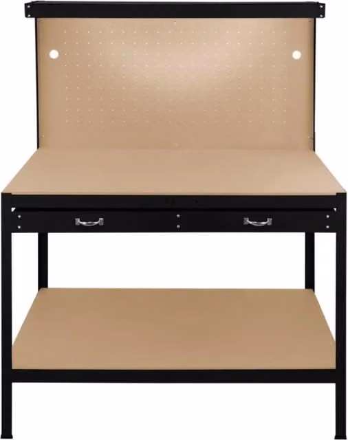 Banco da lavoro con cassetti e pannello forato MONSTER SHOP nero con luce LED, capacità di carico 200 kg, L: 120 cm, P: 60 cm, H: 155 cm
