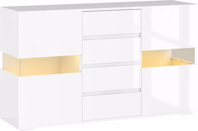 Credenza Moderna HOMCOM Bianca con LED Regolabile e Telecomando, 4 Cassetti e 2 Armadietti, L: 120 cm, P: 34 cm, H: 70 cm