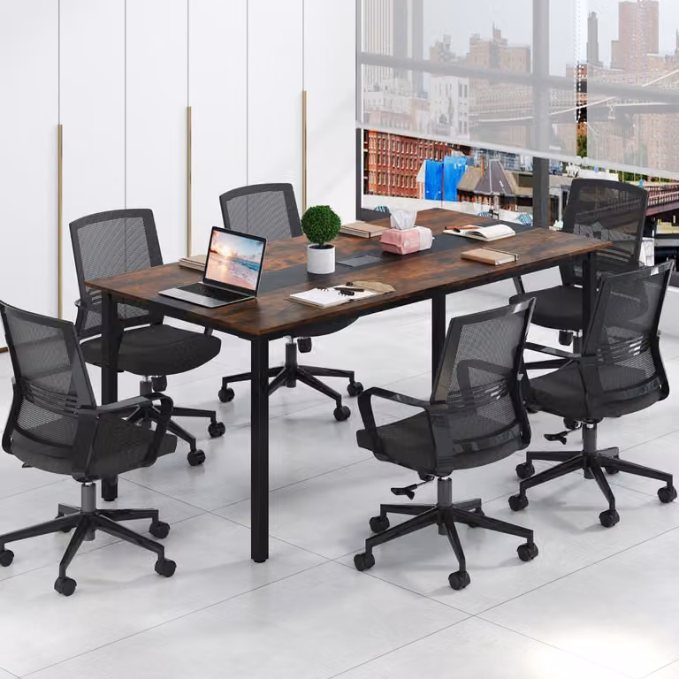 Tavolo da conferenza rettangolare Costway marrone con sistema di gestione cavi per 8-10 persone, L: 180 cm, P: 90 cm