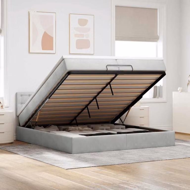 Letto con contenitore a sollevamento vidaXL in velluto con illuminazione sottostante e porte USB, L: 200 cm, P: 203 cm, H: 280 cm, Grigio e Bianco