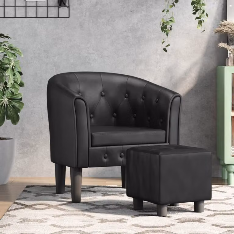 Set Poltrona Cabriolet con Poggiapiedi vidaXL in Similpelle Nera e Struttura in Legno di Pino