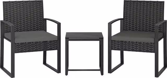 Set bistro da giardino Outsunny in rattan 3 pezzi con 2 sedie e tavolino, cuscini rimovibili, grigio scuro