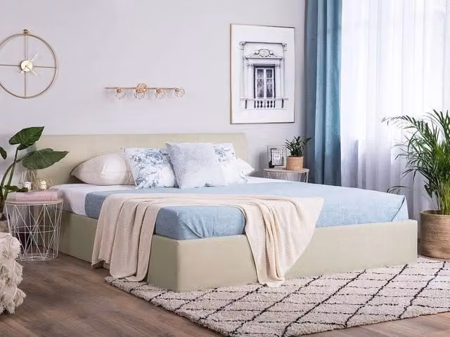 Letto matrimoniale Beliani beige con contenitore a sollevamento e testiera imbottita L/P/H: 180 x 200 x 126 cm